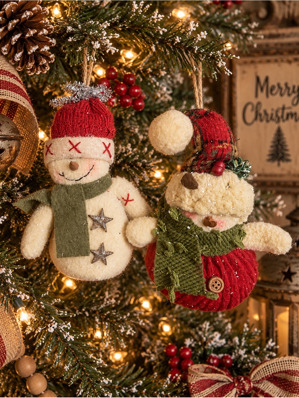 Festive Red & Cream Snowman Ornament Duo -